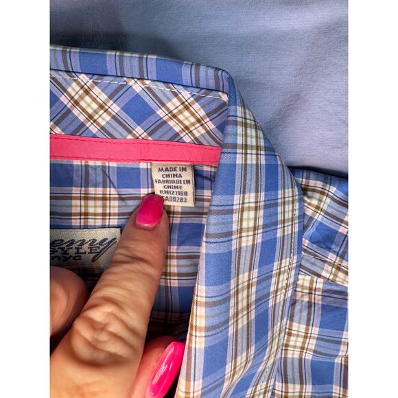 Jeremy Argyle NYC Men's sz Large Blue Tan Plaid Button Down Shrt Long Sleeve - Picture 6 of 11